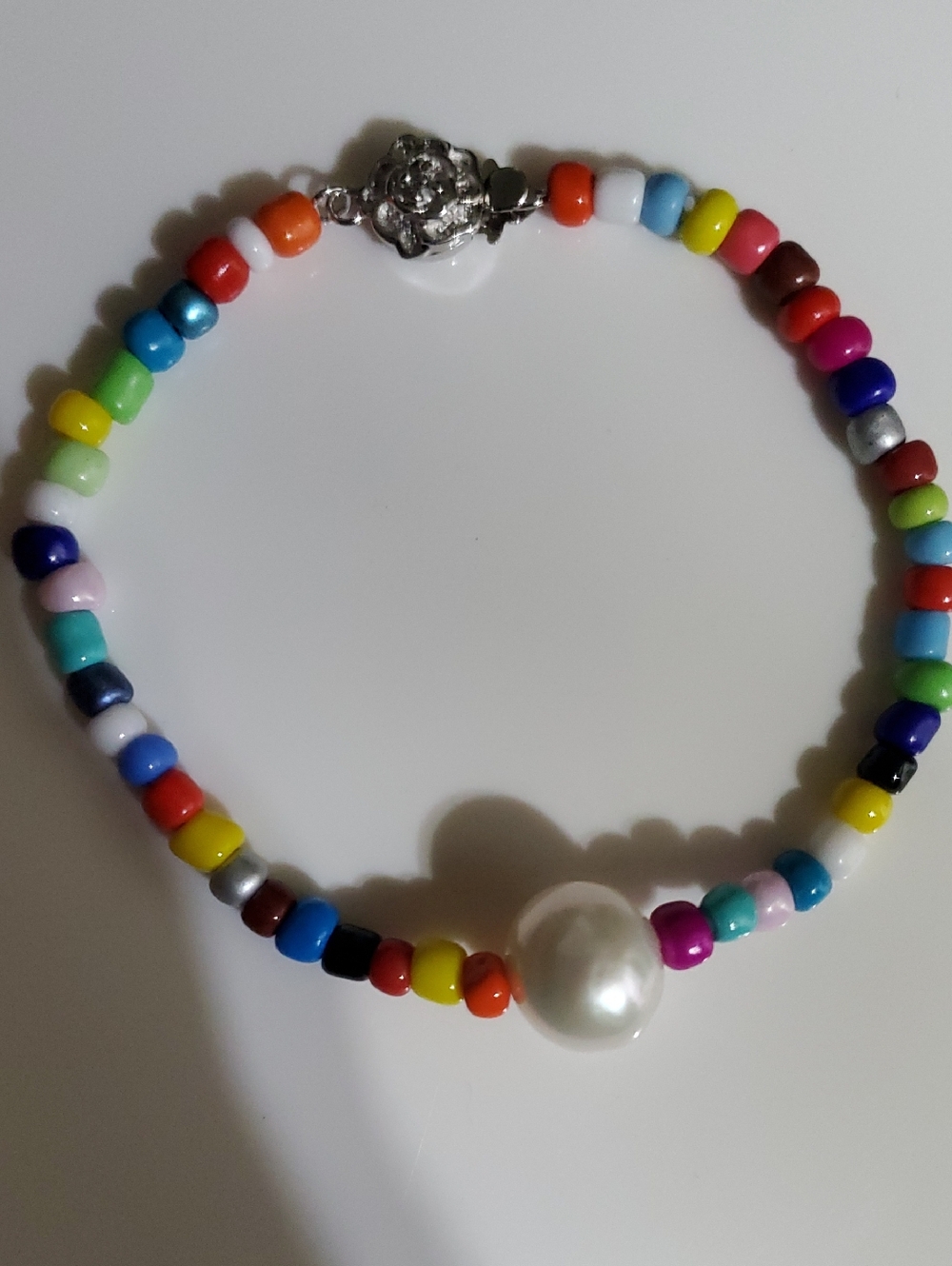 925s Italy Colorful Beaded Bracelet with Large Faux Genuine Pearl